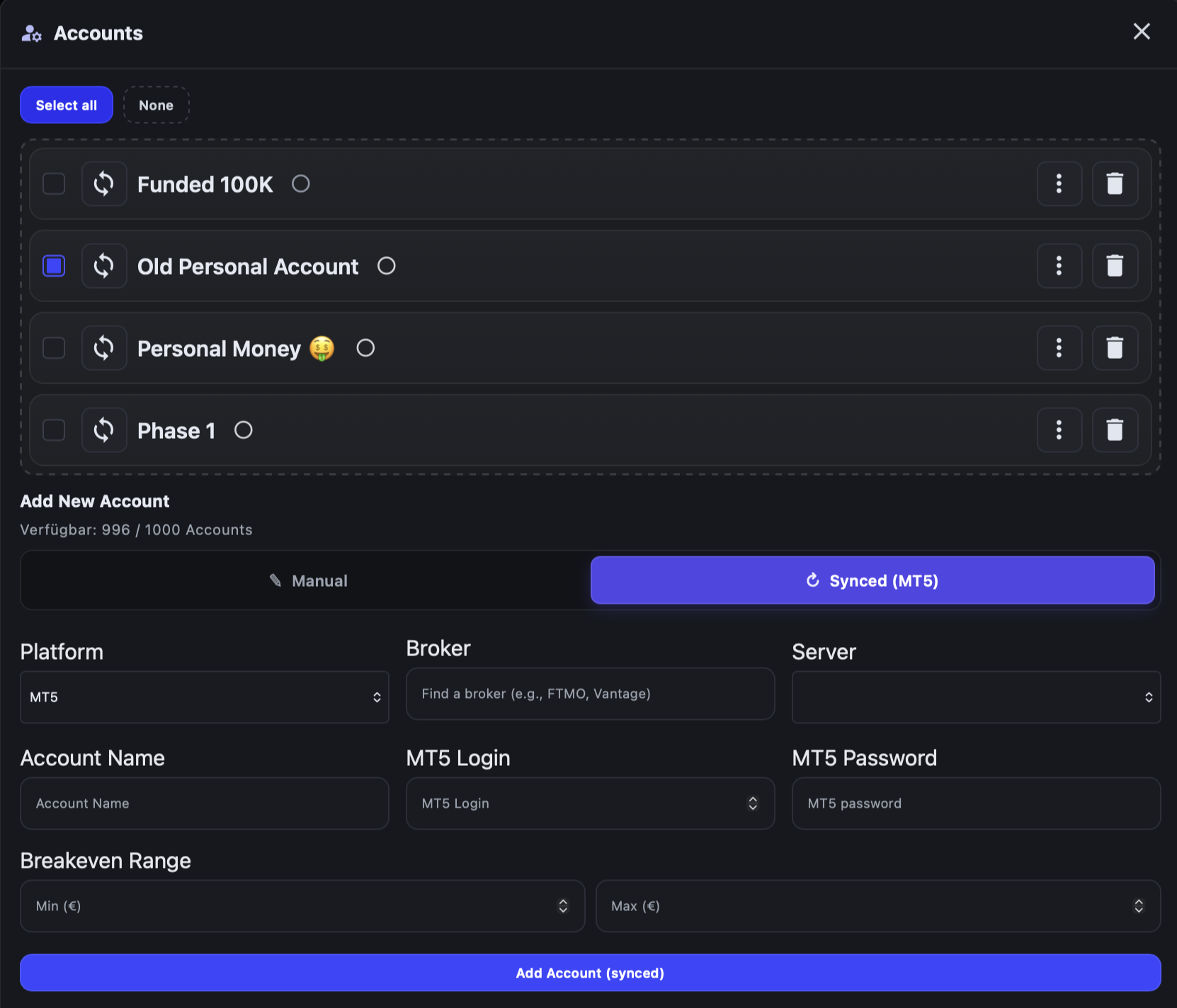 Account Sync Interface Dashboard